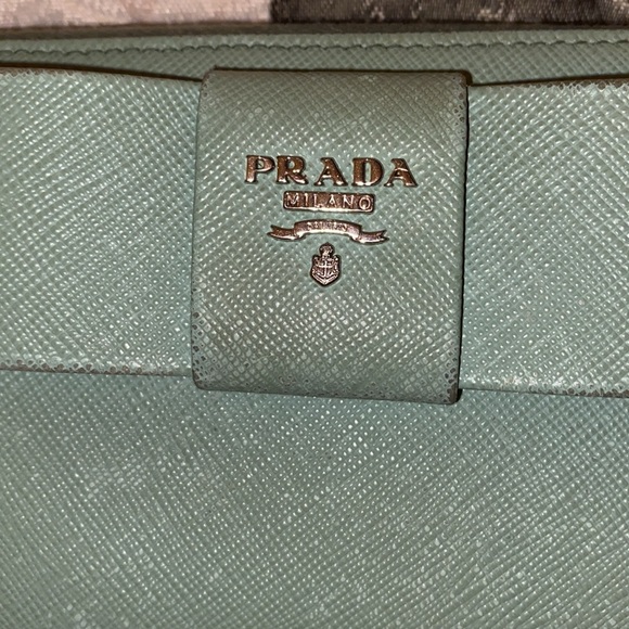 PRADA SAFFIANO LEATHER ZIP AROUND WALLET FRONT BOW AQUAMARINE EUC With COA - Picture 9 of 15